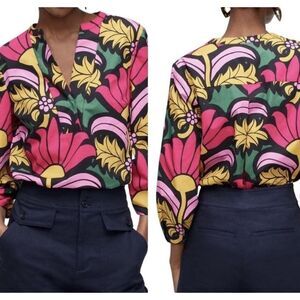 J. Crew Womens Open V-Neck Cotton Floral Poplin Top Size Small Vacation Colorful